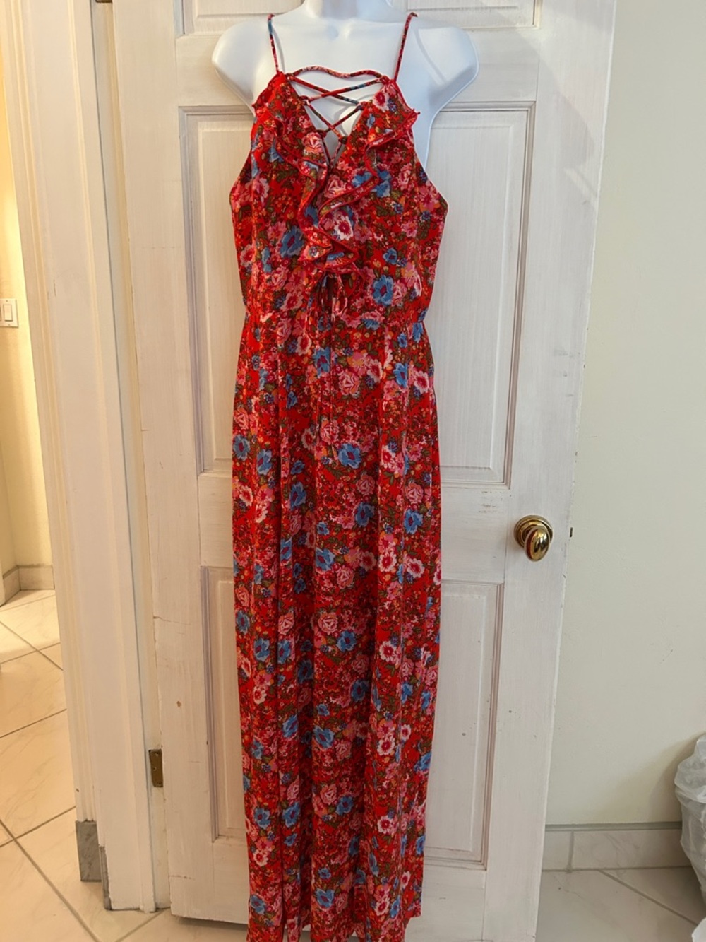 Wayf Red Floral Maxi Dress with Blue & Pink Accents